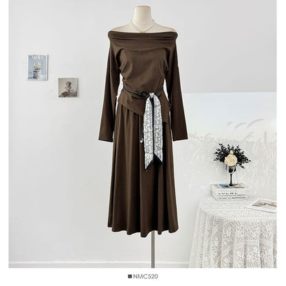 Long Sleeve Off-Shoulder Tee & High Rise Maxi Skirt Set