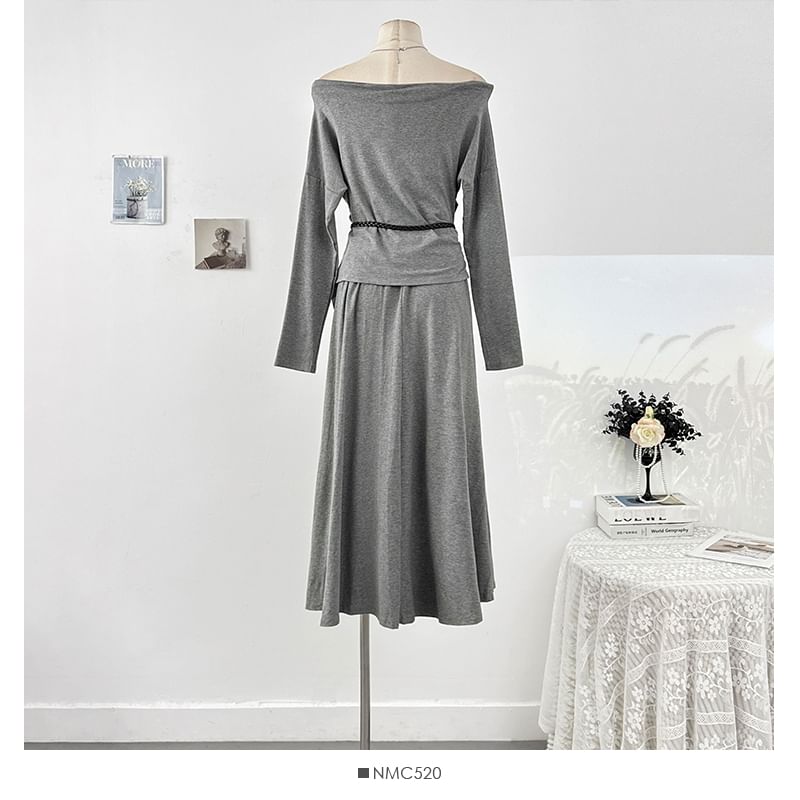Long Sleeve Off-Shoulder Tee & High Rise Maxi Skirt Set