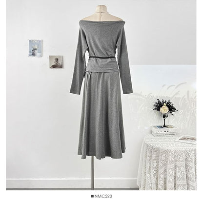 Long Sleeve Off-Shoulder Tee & High Rise Maxi Skirt Set