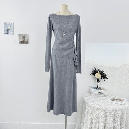 Long Sleeve Ruched Knit Top & High Waist Maxi Skirt Set
