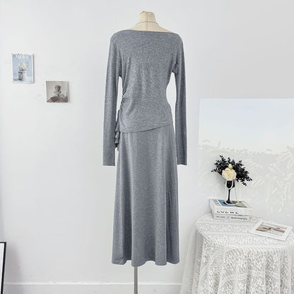 Long Sleeve Ruched Knit Top & High Waist Maxi Skirt Set