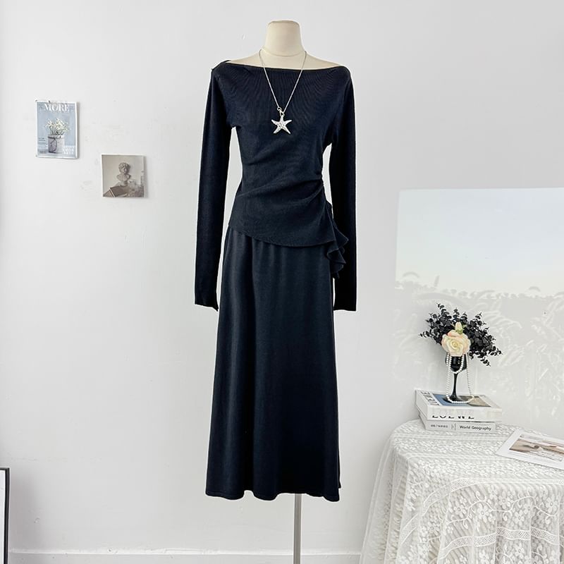 Long Sleeve Ruched Knit Top & High Waist Maxi Skirt Set