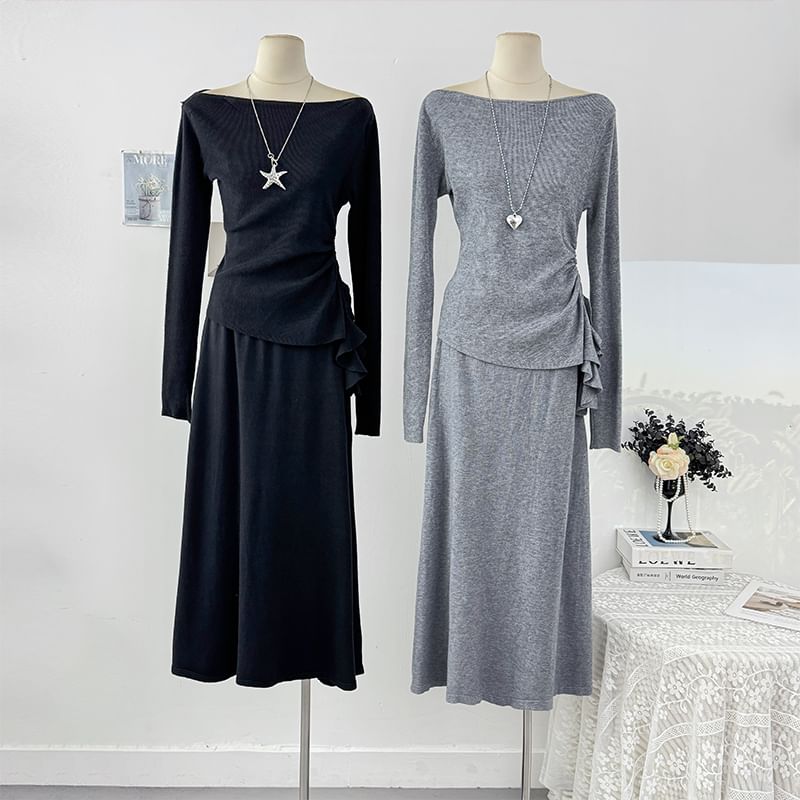 Long Sleeve Ruched Knit Top & High Waist Maxi Skirt Set