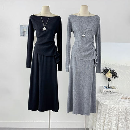 Long Sleeve Ruched Knit Top & High Waist Maxi Skirt Set