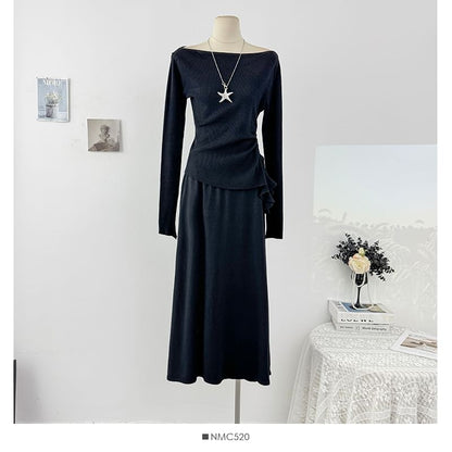 Long Sleeve Ruched Knit Top & High Waist Maxi Skirt Set