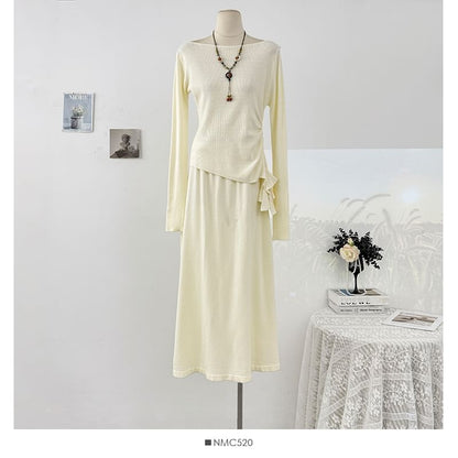Long Sleeve Ruched Knit Top & High Waist Maxi Skirt Set