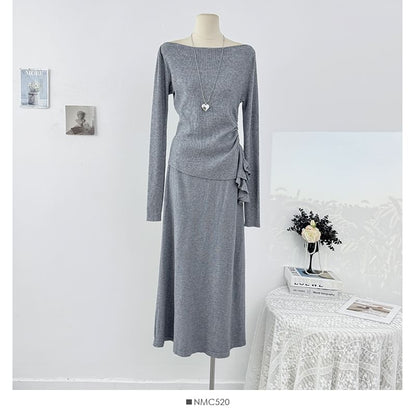 Long Sleeve Ruched Knit Top & High Waist Maxi Skirt Set