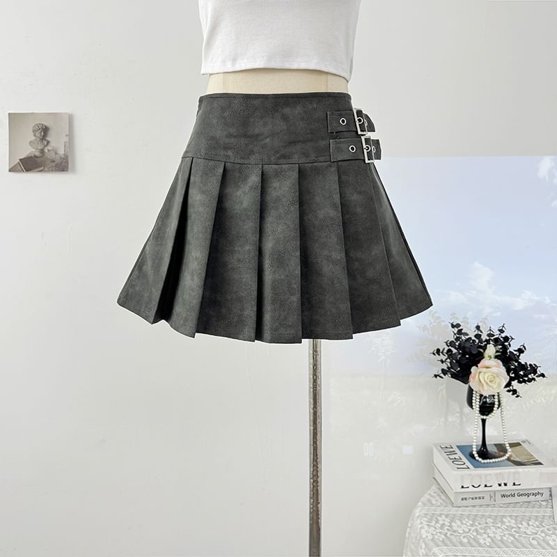 Faux Leather Mini Pleated Skirt with Buckle Detail