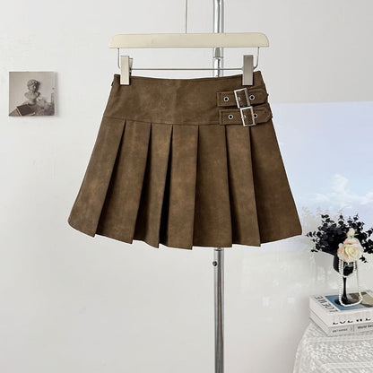 Faux Leather Mini Pleated Skirt with Buckle Detail