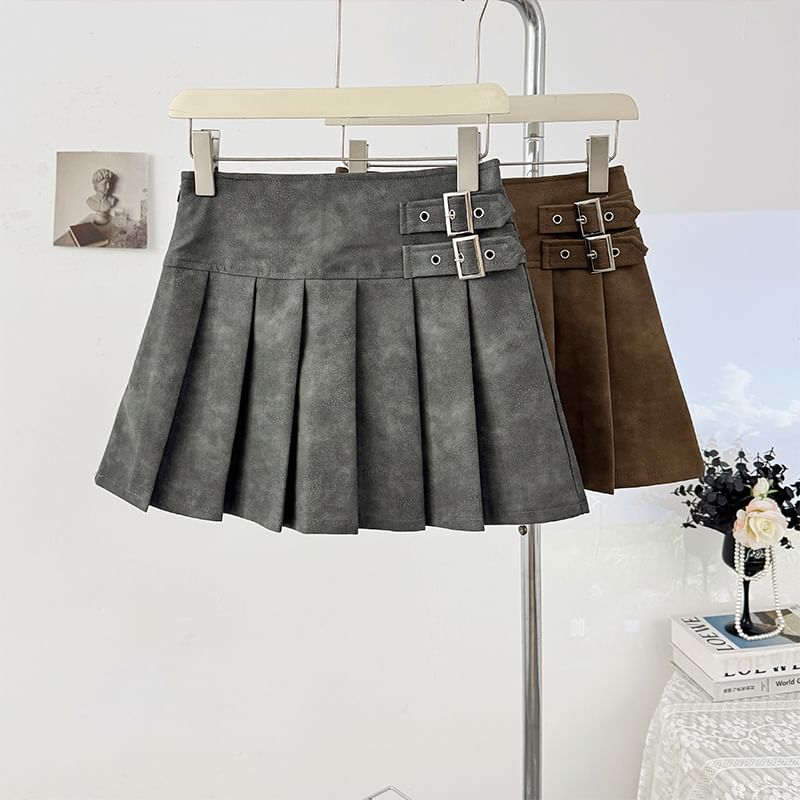 Faux Leather Mini Pleated Skirt with Buckle Detail