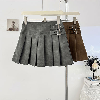 Faux Leather Mini Pleated Skirt with Buckle Detail
