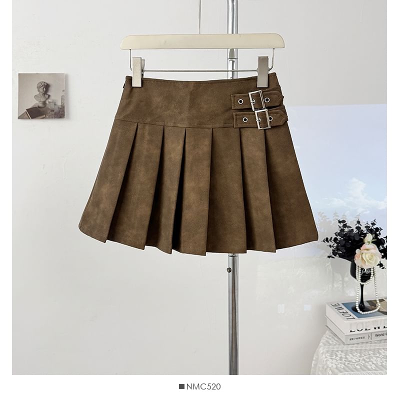 Faux Leather Mini Pleated Skirt with Buckle Detail