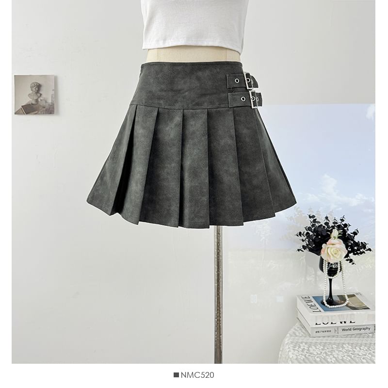 Faux Leather Mini Pleated Skirt with Buckle Detail