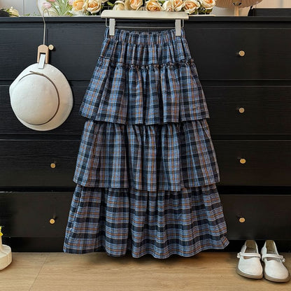 High Rise Plaid Tiered Maxi A-Line Skirt