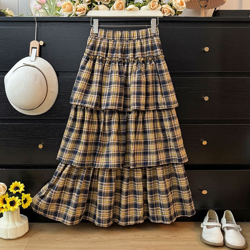 High Rise Plaid Tiered Maxi A-Line Skirt