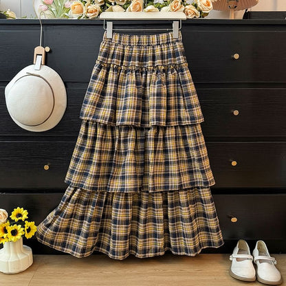 High Rise Plaid Tiered Maxi A-Line Skirt