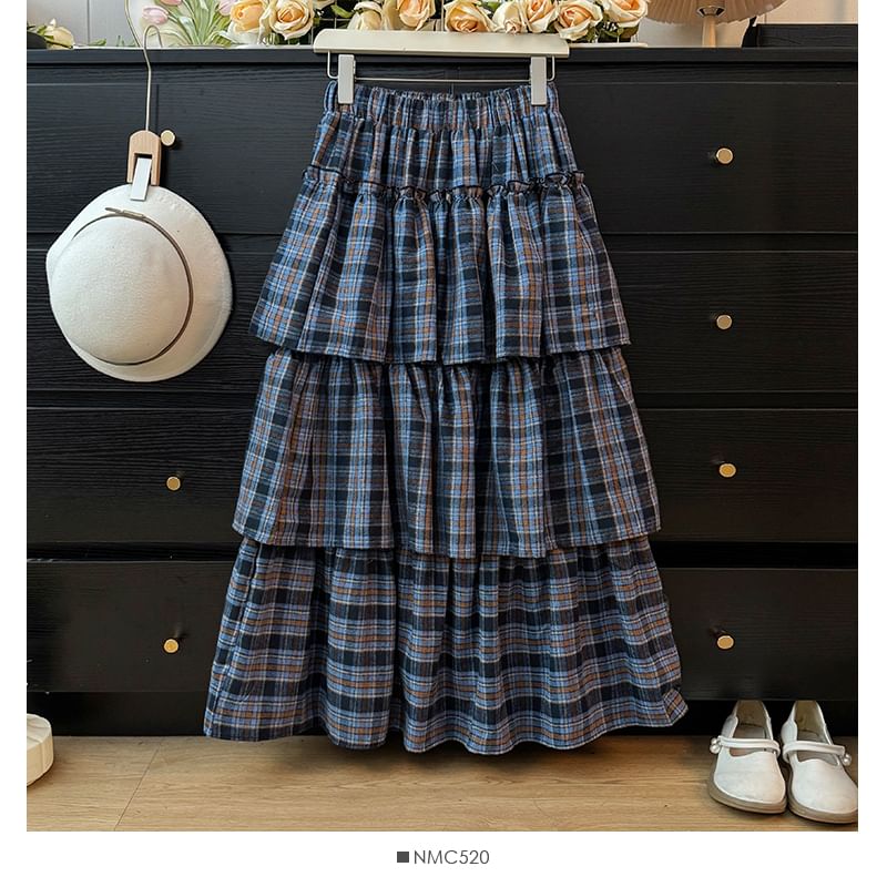 High Rise Plaid Tiered Maxi A-Line Skirt