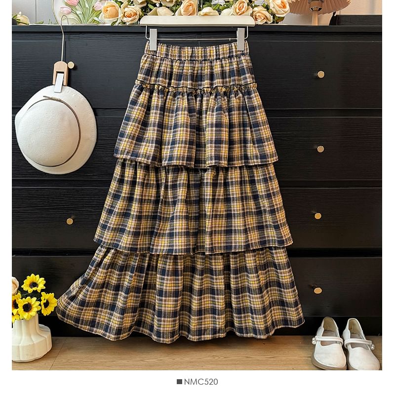 High Rise Plaid Tiered Maxi A-Line Skirt