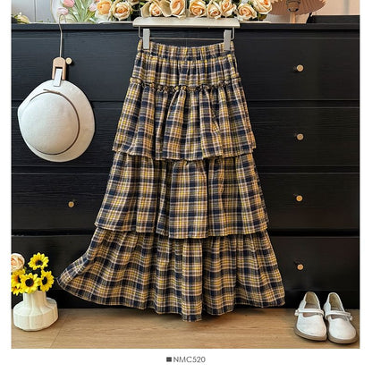 High Rise Plaid Tiered Maxi A-Line Skirt