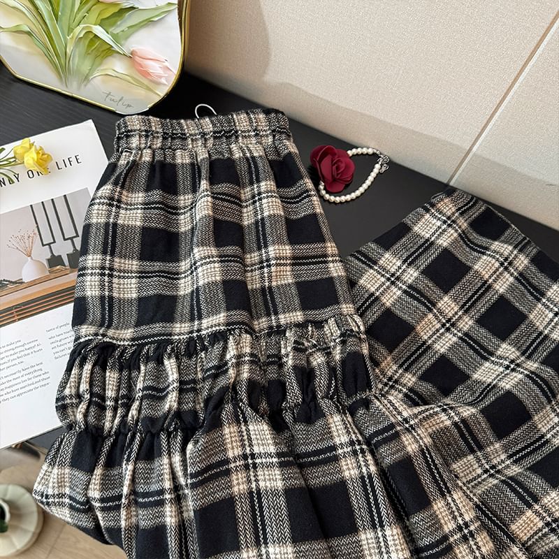 Plaid Tiered Maxi A-Line Skirt with High Waist