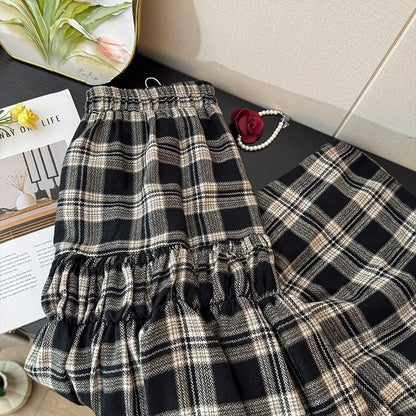 Plaid Tiered Maxi A-Line Skirt with High Waist