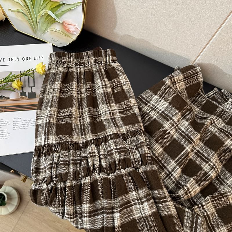 Plaid Tiered Maxi A-Line Skirt with High Waist