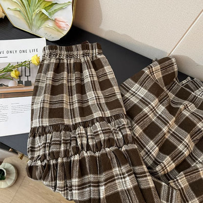 Plaid Tiered Maxi A-Line Skirt with High Waist