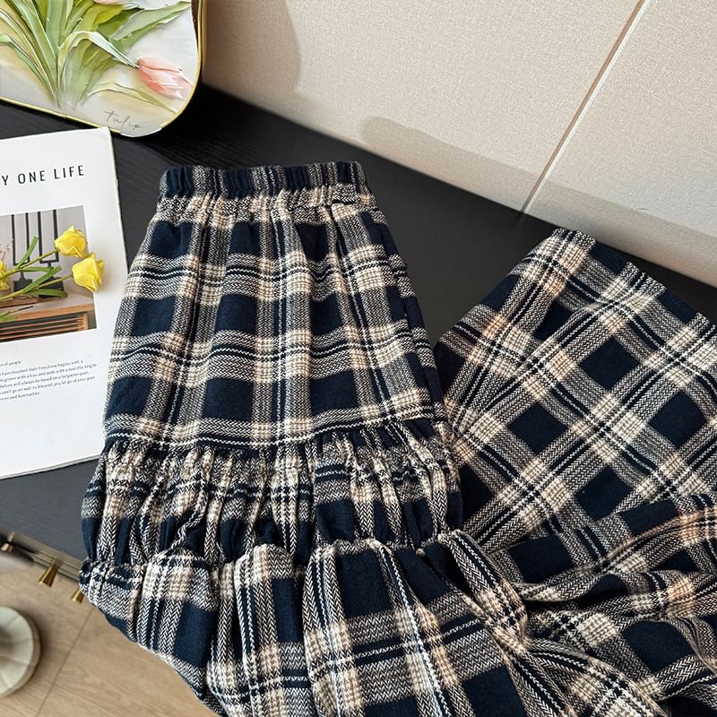 Plaid Tiered Maxi A-Line Skirt with High Waist