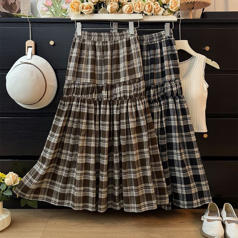 Plaid Tiered Maxi A-Line Skirt with High Waist