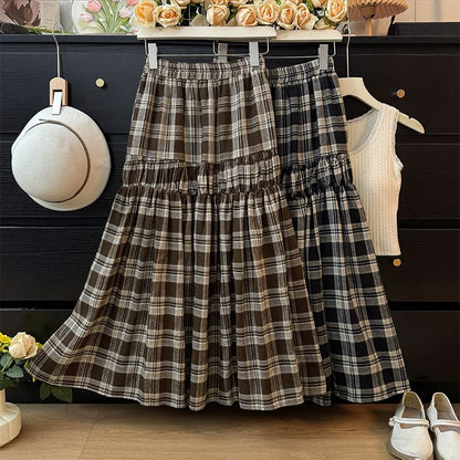 Plaid Tiered Maxi A-Line Skirt with High Waist