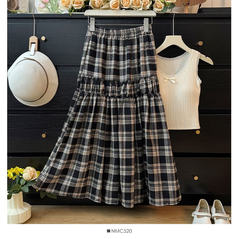 Plaid Tiered Maxi A-Line Skirt with High Waist