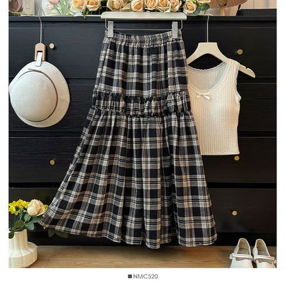 Plaid Tiered Maxi A-Line Skirt with High Waist