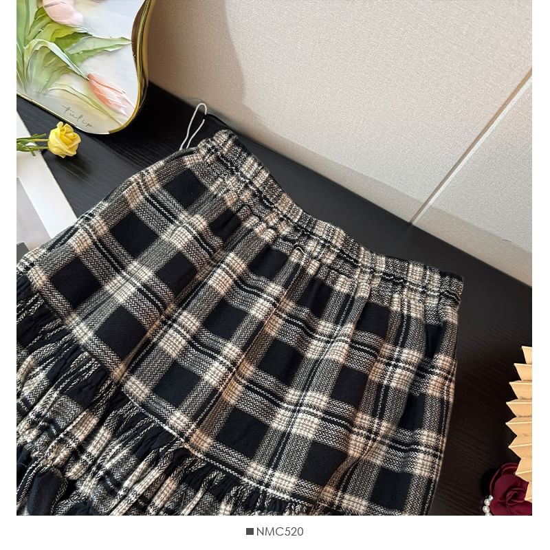 Plaid Tiered Maxi A-Line Skirt with High Waist