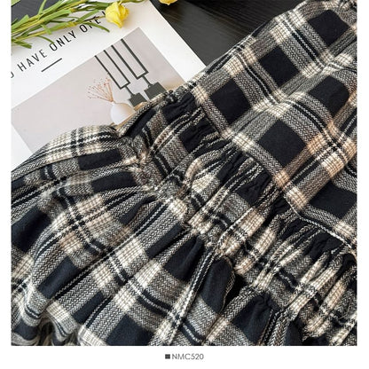 Plaid Tiered Maxi A-Line Skirt with High Waist
