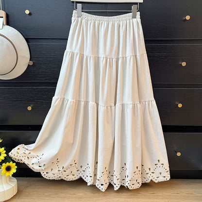 Solid Cut-Out Tiered Maxi A-Line Skirt with High Waist