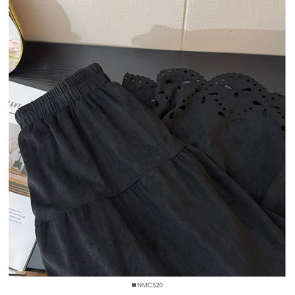 Solid Cut-Out Tiered Maxi A-Line Skirt with High Waist