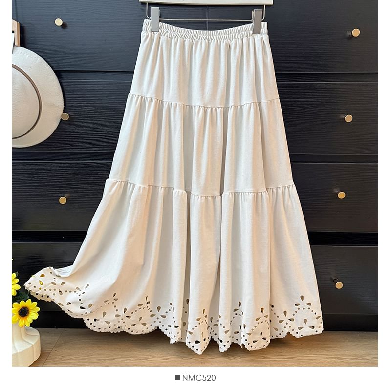 Solid Cut-Out Tiered Maxi A-Line Skirt with High Waist