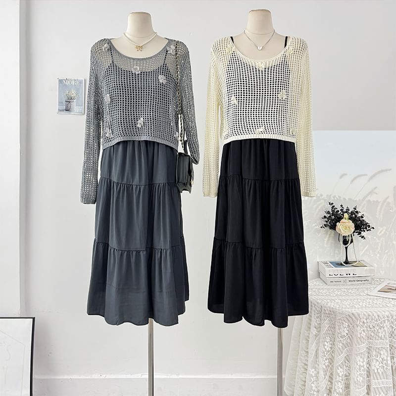 Set: Spaghetti Strap Plain Loose-Fit Maxi Dress + Long Sleeve Crochet Knit Top