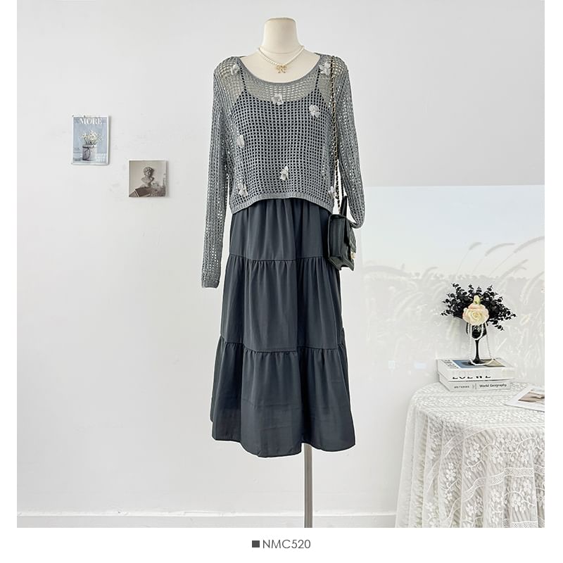 Set: Loose-Fit Dress Spaghetti Top Knit Crochet + Plain Sleeve Strap Long Maxi
