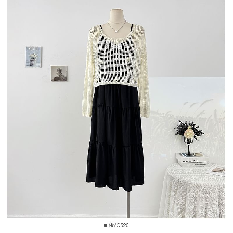 Set: Loose-Fit Dress Spaghetti Top Knit Crochet + Plain Sleeve Strap Long Maxi