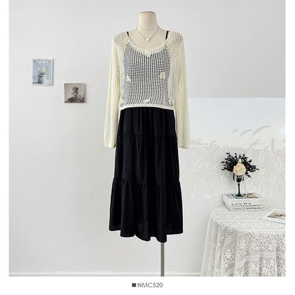 Set: Loose-Fit Dress Spaghetti Top Knit Crochet + Plain Sleeve Strap Long Maxi