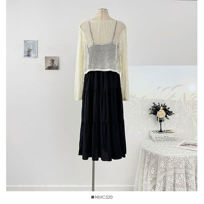 Set: Loose-Fit Dress Spaghetti Top Knit Crochet + Plain Sleeve Strap Long Maxi