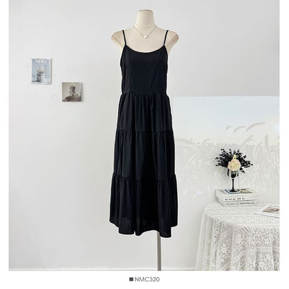 Set: Loose-Fit Dress Spaghetti Top Knit Crochet + Plain Sleeve Strap Long Maxi