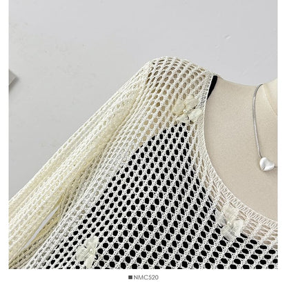 Set: Spaghetti Strap Plain Loose-Fit Maxi Dress + Long Sleeve Crochet Knit Top