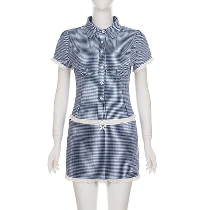 Short Sleeve Collared Plaid Button Up Blouse Low Waist Plaid Mini A-Line Skirt