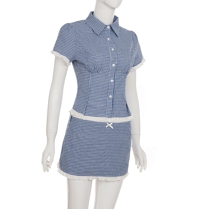 Short Sleeve Collared Plaid Button Up Blouse Low Waist Plaid Mini A-Line Skirt