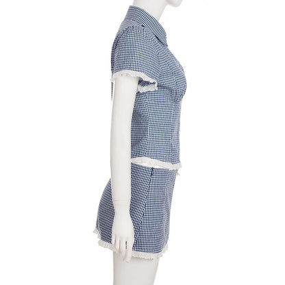 Short Sleeve Collared Plaid Button Up Blouse Low Waist Plaid Mini A-Line Skirt