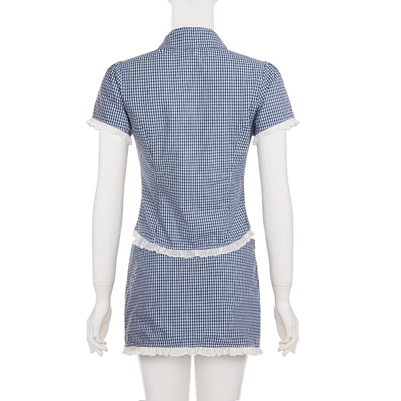 Short Sleeve Collared Plaid Button Up Blouse Low Waist Plaid Mini A-Line Skirt