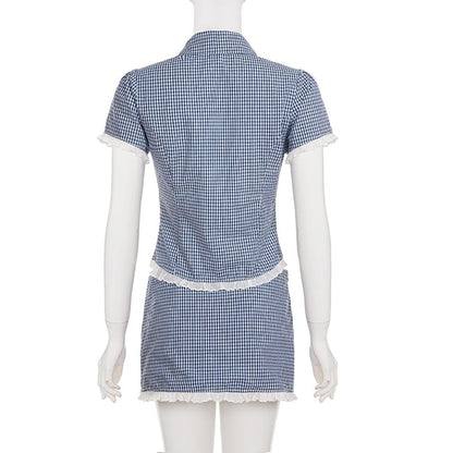 Short Sleeve Collared Plaid Button Up Blouse Low Waist Plaid Mini A-Line Skirt