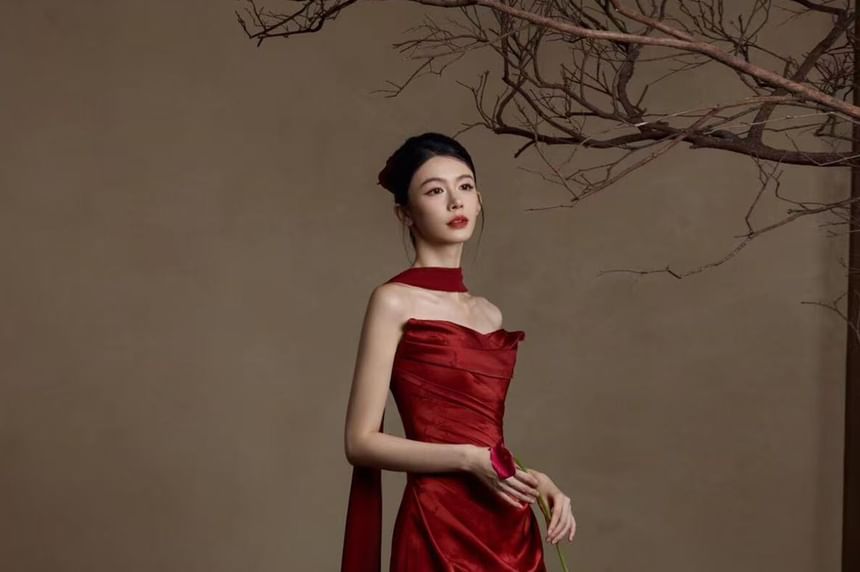 Strapless Floral Jacquard Ruched Maxi Sheath Evening Gown